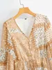 Elegant Women V-Neck Geomtric Print Dress Fashion Ladies Chiffon Vintage Female Chic Button Drawstring es 210527