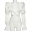 Joloo jolee elegante camisa sexy sem encosto shirred branco colheita as mulheres flare manga longa gravata front blusa feminina casual blusas 210518