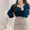 plaid skirts Girls spring blouse women suit blue shirt Tops high waist long A Line two piece suits Sell separately 210423