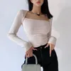 Women's T-Shirt WOMENGAGA Sexy Shoulder Wrap Slim Square Neck Long Sleeve Women Short Top Tees Fashion Korean Tops PLB1