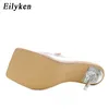 Elegant Eilyken Women Wedding Dress Shoes Fashion PVC Transparent Flowers Butterfly-knot Design Crystal Perspex Heels Slippers C0410