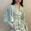 Biuro Lady Eleganckie koszule Chic Turn-Down Collar Kobiety Bluzka Vintage Rękaw Puff Criss-Cross Solid Crop Tops Blusas 210514