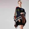 Women's Sweater Winter Jacquard Geometric Tassel Fight Color Hit Split Fork Lady's Shawl Travel Out Cape Cloak 210427
