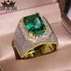 Europe States Exaggerated large Green Zircon Olive Emerald 14K Gold Full Diamond Ring Men And Women Party Jewelry Gift 210701