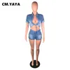 CM.Yaya Kvinnor Denim Sätter Kortärmad Singel Breasted Bangdage Crop Tops Zip Sheft Elastic Short Pants 2 Piece Set Streetwear x0428