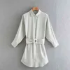 Summer Women Elegant Shirs Dress Solid Long Sleeve Sashes Vintage Mini es Female Street Loose vestidos 210513