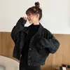 Svart denim Kort jacka Lossa singelbröstknappfickor Koreansk stil Chic Retro Harajuku Casual Streetwear Womens 210922