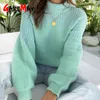 Pulls tricotés pour femmes à manches longues rose vert pull automne chaud hiver mignon pull femmes pull fille 210428