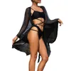 Women's Swimwear Foohoostore Solid Color Bandage Long Sleeve 2022 Summer Women Mesh Sheer Bikini Cover-ups See-through Beachwear