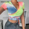 Missakso Summer Women Crop Top Slim Lace Up Streetwear с коротким рукавом Lady Top V шеи праздник сексуальный галстук-краситель рубашка 210625