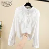 Costura de laço Chiffon blusa botão sólido mulheres tops e blusas stand collar camisas senhora blusas 10467 210508