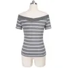Nice-Forever Casual Basic Stripes Patchwork T-shirts Kortärmad med Slash Neck Kvinnor Sommar Toppar T042 210419