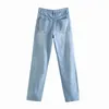 ZA femmes bleu clair petit ami jambe droite jean lavé pleine longueur taille moyenne maman denim pantalon poche polyvalent pantalon 211129