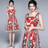 Runway Sommer Frauen Sexy Spaghetti Strap Rot Floral Gedruckt Casual Hohe Taille Schlank Party Kleid Vestidos 210519