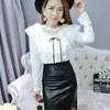 Ladies Clothes Transparent Hollow out Ruffle blouse Lace Tops Sexy Long Sleeve Fashion Real rabbit fur Shirt Women's 182B 210420