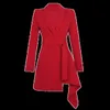 Vår sexiga långa ärmar eleganta blazer notched jackor kvinnor röd kontor mini oregelbunden bodycon klänning ytterkläder med bälte 210514