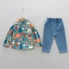 2 pezzi set di abbigliamento per bambini in cotone bambino stampa cartone animato risvolto camicia jeans zoo animali pantaloni autunno bambino bambini vestiti set3071863