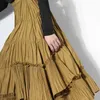 Vintage ruched kjol för kvinnor hög midja patchwork midi temperament kjolar kvinnlig mode kläder 210521