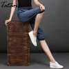 Tataria plus storlek lösa jeans höga midja mamma för kvinnor knä-längd denim shorts svart spets upp avslappnad harem byxor 210514