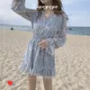 Mignon Mini robes fête Date porter femme à manches longues corée japon à volants doux filles petite robe en mousseline de soie florale 210520