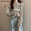 Matakawa Fashion Blouse Dames Lente Print Floral Tops Half-High Collar Shirt Kant Lange Mouwen Puff Sleeve Blusas 210513