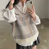 Realft Jesień Plaid Paski Bez Rękawów Sweter Kamizelka Dla Kobiet Dziania Neck Casual Luźne Damskie Tank Topy 211106