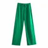 VUWWYV Za femmes pantalons vert jambe large taille haute pantalon femme décontracté 2021 fluide droit Y2K pantalons costumes été Streetwear Q0801