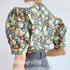 Lucywy Koreański rękaw Puffowy Drukuj Koszula Kobiety Słodkie Peter Pan Collar Single Breasted Crop Tops Kobieta Chic Luźne Koronki Up Bluzki 210521