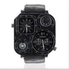 GMT Dual Time Military Mens Watch Outdoor Quartz Watches Canvas Band Compass 50mm Large Square Dial Masculine Wristwatches