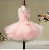 Flor Girl for Weddings Elegantes Apliques de Longo Vestido Primeira Comunhão Vestido Pink Tulle Ball Girls GOWN 403