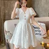 White Lace Hollow out Woman's Dress V-Neck High Waist Puff Sleeve Vestidos Summer Ladies Elegant Vintage Female 210519