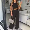 Pantalon de deux pièces pour femmes Homewear Summer Femmes Sexy Wear Costume Ensembles Solide Plus Taille Col rond Plaine Manches courtes Crop Top Wide Leg Set