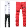 Hommes Plus La Taille Pantalon Jeans Homme Déchiré Trou Droite Designer Denim Avec Contraste Couleur Mode Décontracté Fermeture Éclair Homme Mince Pantalon Noir Blanc Rouge Trois Couleurs