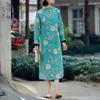 Johnature Women Vintage CheongSam Linne Stativ Klänningar Spring Button Print Blommig A-Line Högkvalitativ Fleece Warm Dress 210521