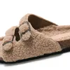 Slipare 2021 Ny Sheep Fur Cork Slipper Autumn Winter Män Kvinnor Casual äkta läder utanför fast spänne mjuka plysch -glider Sko Z0215