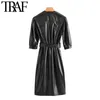 Women Chic Fashion With Belt Faux Leather Pleated Midi Dress Vintage Puff Sleeve Button-up Female Dresses Vestidos 210507