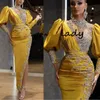 Ayak bileği uzunluğu Arap akşamı resmi elbiseler 2021 ışıltılı kristal boncuklu dantel yüksek boyun uzun kollu seksi yarık fırsat balo elbisesi303j