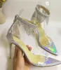Chaussures de robe Transparent PVC Sandales à une sangle Femmes Sexy Bout pointu Couverture Talons Retour Zip Open Toes Bijoux Glands Mince Talon Haut