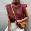 Ärmellose Pullover Frauen Rollkragen Weste Weiße Schulterpolster Pullover Gestrickte Pullover Herbst Winter Casual Lose Jumper 210521