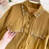 SINGREINY Diseño Moda Blusa con cuentas Mujeres Retro Turndown-Collar Botón Puff Manga Casual Tops Primavera Elegante Oficina Blusas 210419