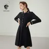 Fansilanen Vintage Bringe Короткое Черное Платье Женщины Slim Осень Зимняя Элегантная Рубашка Офис Леди Длинный Рукав Сексуальная шерсть 210607