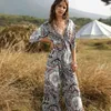 Boho Frauen Jumpsuit Aushöhlen Vordere Bogen Halbhülse Floral Gedruckt Playsuit V Ausschnitt Mode Elegant Neue Vintage Stil Kleid 210412