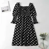 Polka Dot Vintage Czarny Długie Sukienka Rękaw Puff Maxi Side Slit Panie Eleganckiej Sukienka Jesień Zima Chic Dress 210415