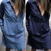 Kvinnor sexig mini dr2021 zanzea damer denim blå kort vestidos kvinnlig casual lapel nackfickor robe beach party sund7 x0529