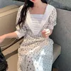 Koreansk Elegant Retro Fyrkantig Hals Stripe Stitching Floral Midi Klänning Kvinna Lace Midja Puff Sleeve Klänning A-Line Dress Vestidos 210514