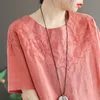 夏の芸術のスタイルの女性半袖ルースティーシャツフェムムコットンリネンヴィンテージ刺繍TシャツソリッドトップスS804 210512