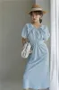 Nordic Blue Long Midi Ruched Dress V Hals Straight Ladies Modest Designer Kvinnor Casual European Clothing 210427