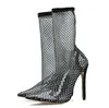 Kobiety Sandals Sexy Boot Heel Heel Letnie Buty Klubu Nightclub Rhinestone Szpiczasty Prestare Luksusowe Mesh Fishnet Heels Skarpety nad kolanem 26pq #