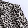 Vår Höst Leopard Kvinnor Puff Långärmad Mode Shirt Knä Längd Kontorsklänning med Bälte Vestidos Mujer 210413