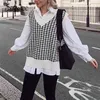 Houndstooth Kamizelka z dzianiny Kamizelka Kobiety V Neck Bez Rękawów Oversized Sweter Vintage Fall Zima Kobieta Waistcoat 210922